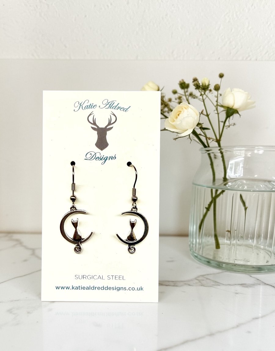 Charm Earrings - Cat in Moon - Style 2