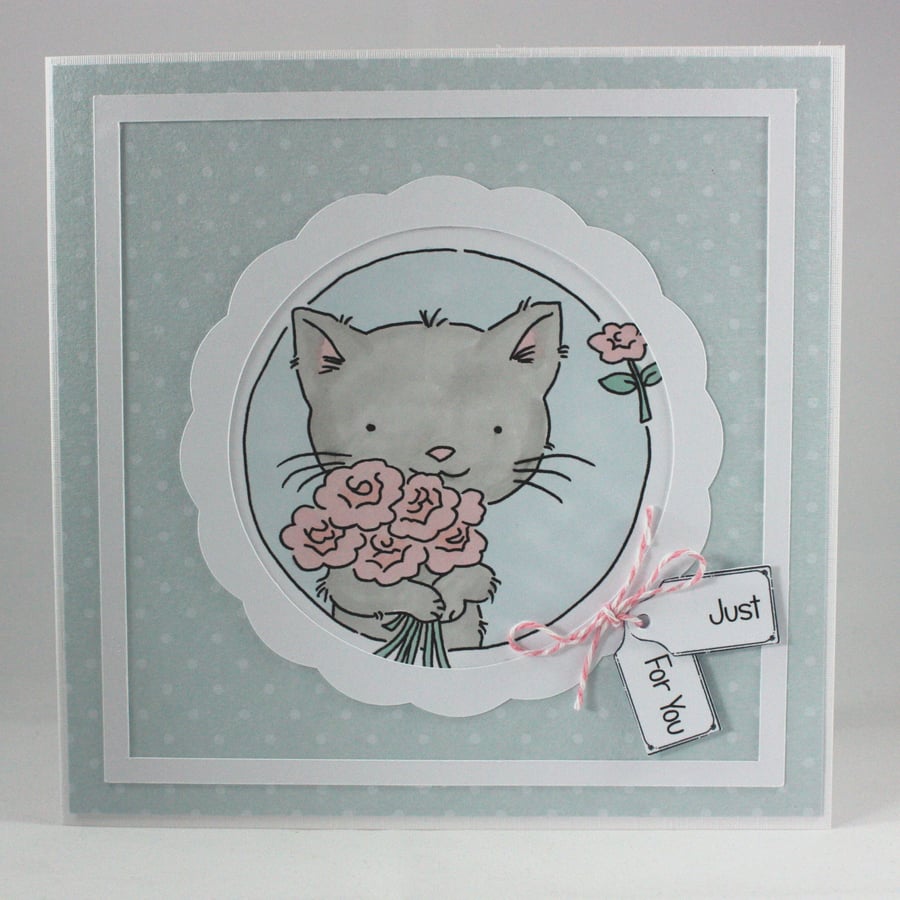 Handmade any occasion card - kitten with bouquet