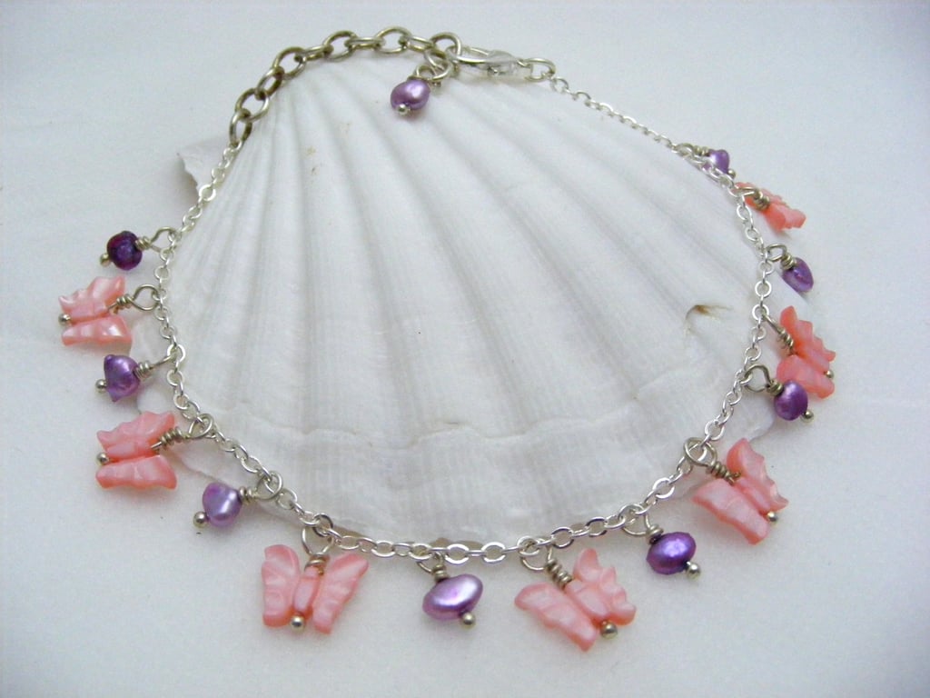 Mother of Pearl and Freshwater Pearl Charm Anklet