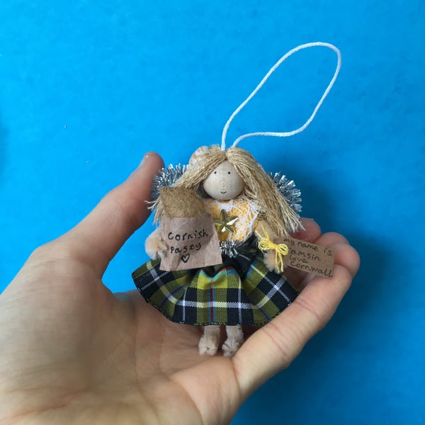 Tiny Cornish Tartan Fairy Doll Decoration, Cornwall Gifts