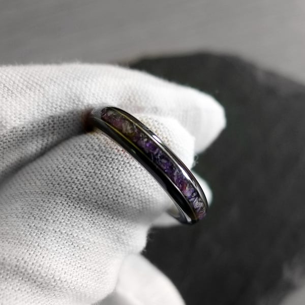 Ebony Wood & Titanium Ring With Amethyst, Sugilite and Charoite Gemstone Inlay