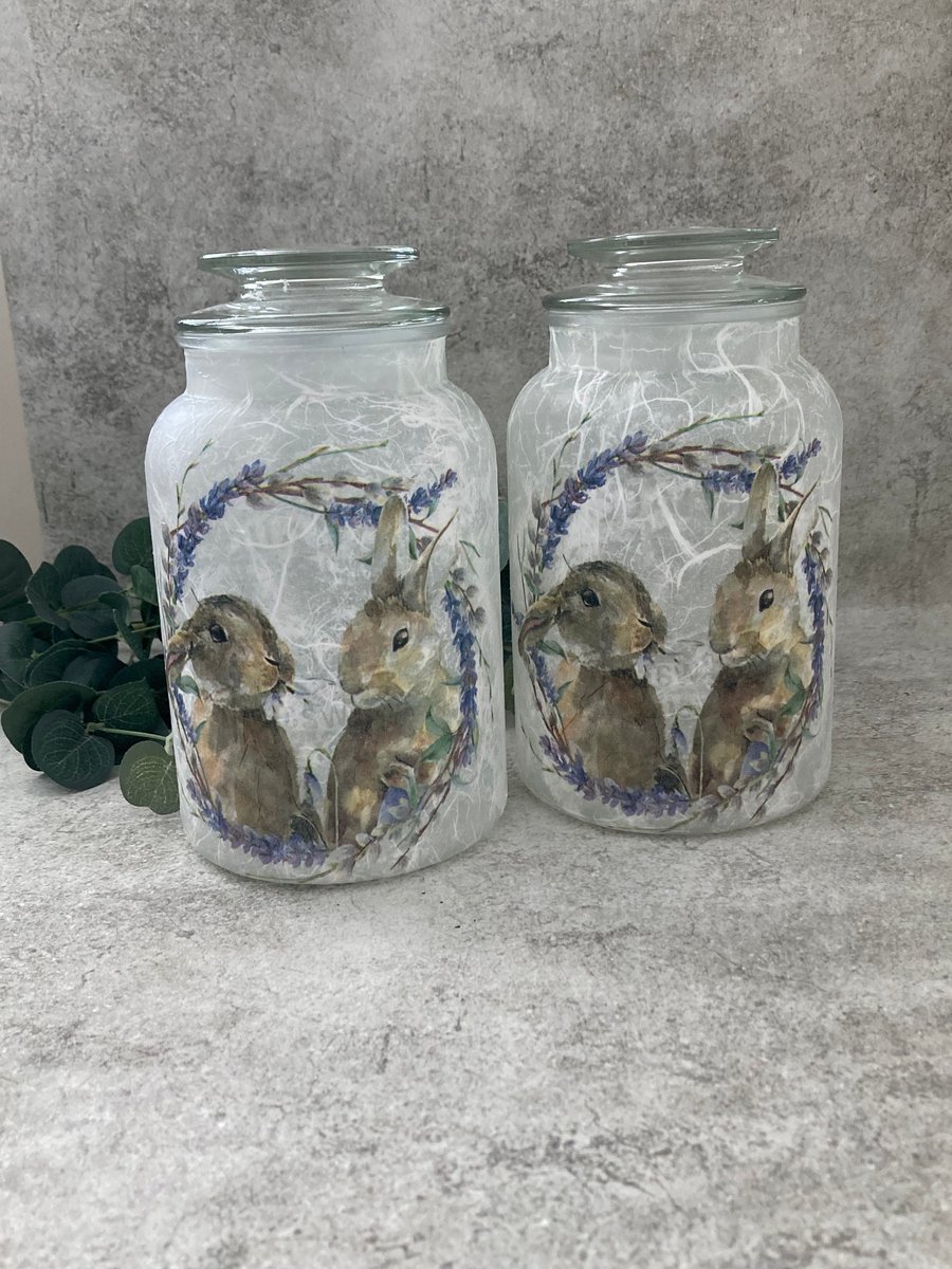 Pair of Decoupage Glass Storage Jars Floral Rabbits - Rustic Home Decor