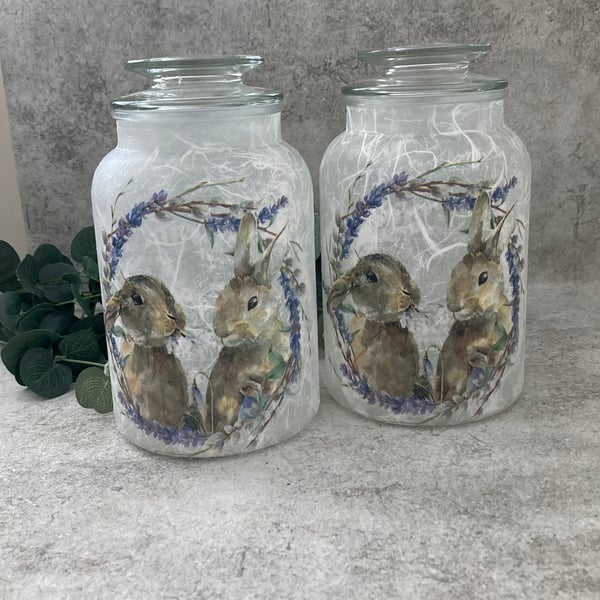 Pair of Decoupage Glass Storage Jars Floral Rabbits - Rustic Home Decor