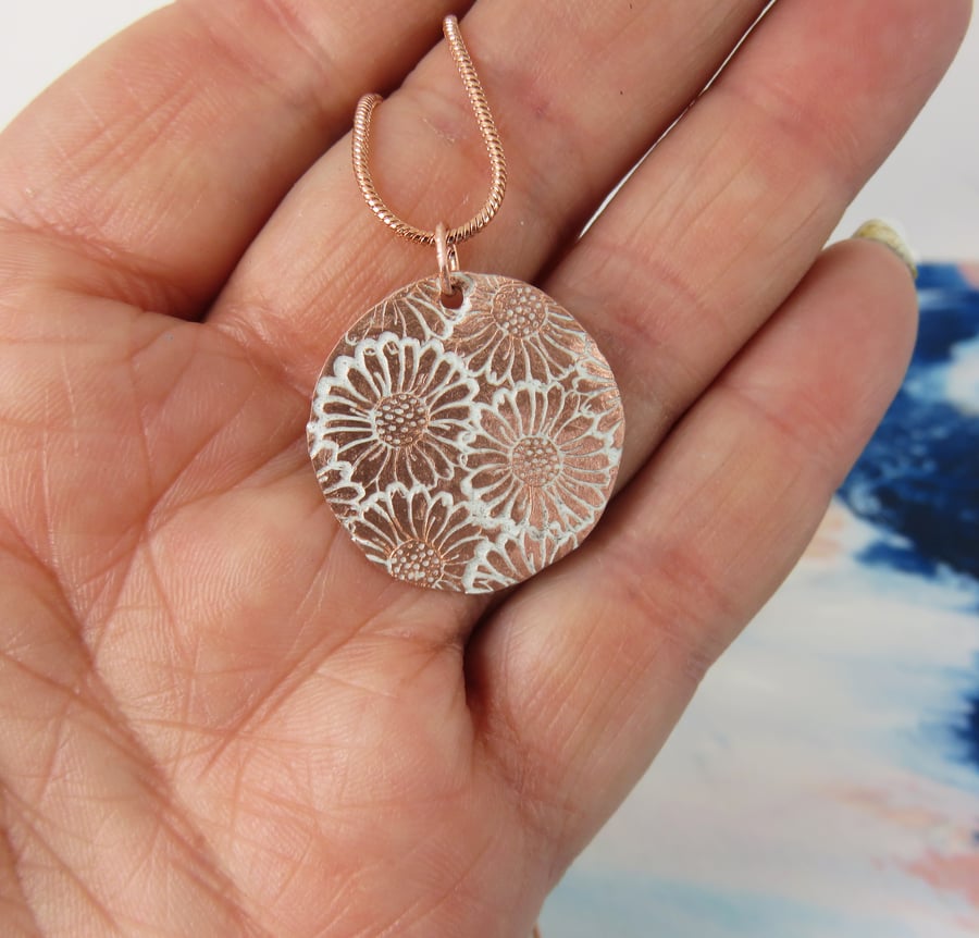 Round Flower Textured Copper Pendant with Enamel