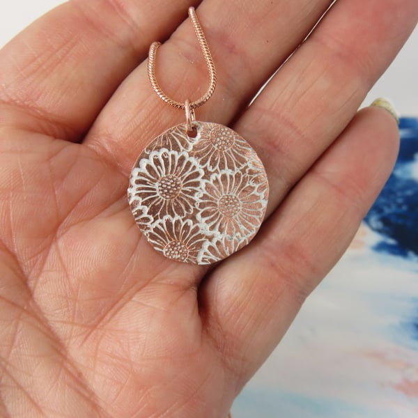 Round Flower Textured Copper Pendant with Enamel