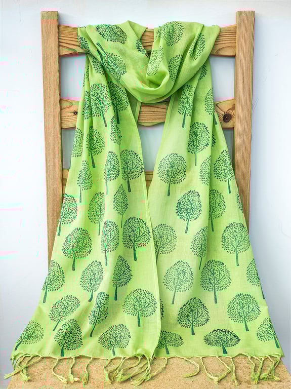 Handprinted Organic Cotton Trees Long Scarf Tassles Lime Grass Green            