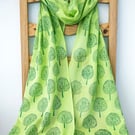 Handprinted Organic Cotton Trees Long Scarf Tassles Lime Grass Green            