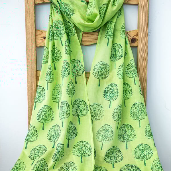 Handprinted Organic Cotton Trees Long Scarf Tassles Lime Grass Green            