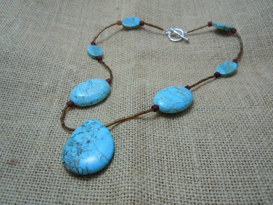Magnesite turquoise statement necklace with glass seed & bugle beads