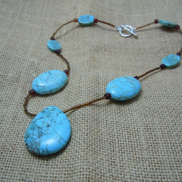 Magnesite turquoise statement necklace with glass seed & bugle beads