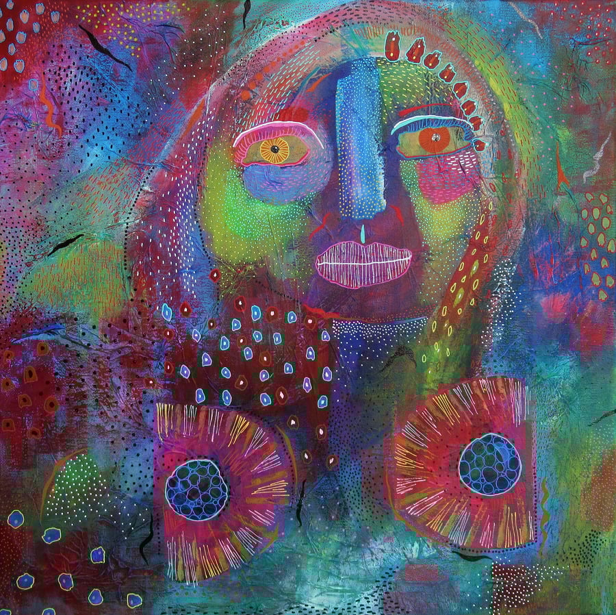 Female Portrait Painting Original Abstract Figure Art Colourful 20x20" Canvas
