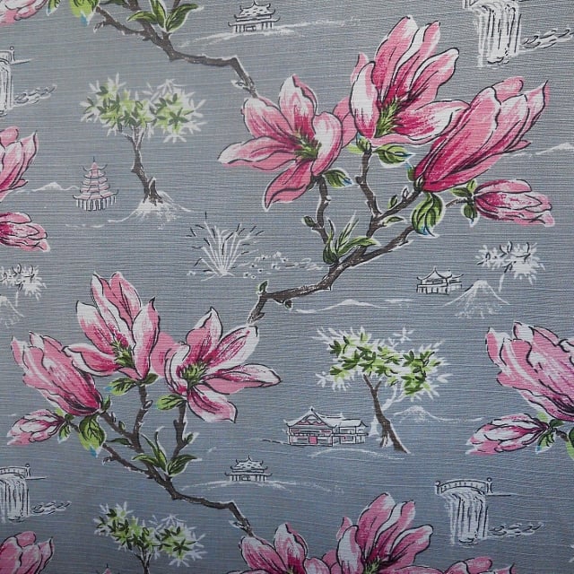 Distinctive Oriental Magnolia  Lampshade in a Pink and Grey MCM Vintage  Fabric