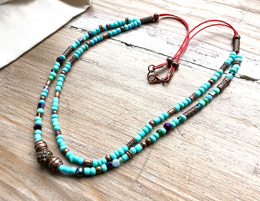 Turquoise and brass colour necklace, rustic, boho, 2 strand necklace