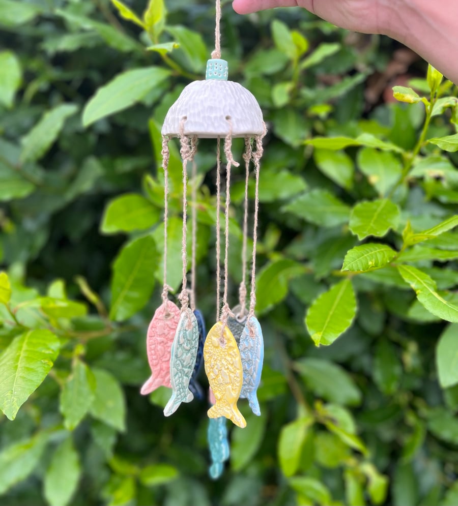 Handmade ceramic Fish and Cat Wind Chime