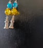 Silver lighthouse charm dangle earrings with yellow and blue beads - Image 2