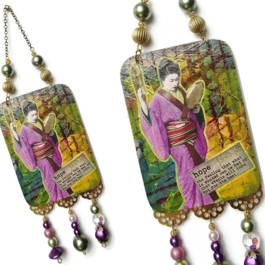 Inspirational Art HOPE Hanging Ornament Oriental Woman Japanese Geisha Girl