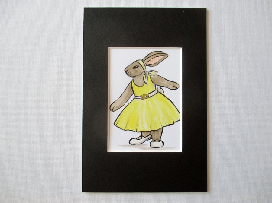 SALE ACEO Bunny Rabbit Rock'n'Roll Dancing Dancer Miniature Original Painting 