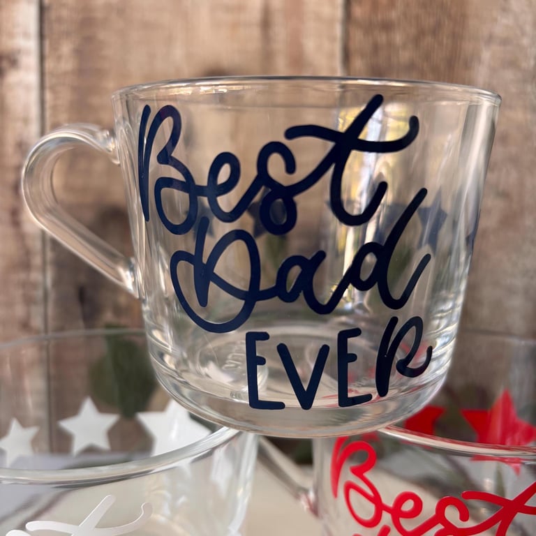 Best Dad Ever Glass Coffee Mug, Calligraphy Vinyl Decal