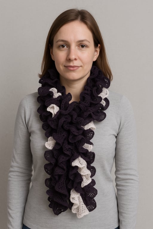 Burgundy and pink ruffle scarf in fashion yarn