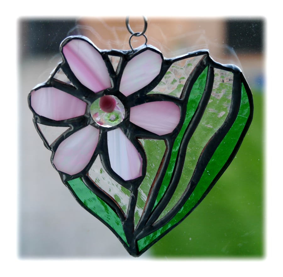 Daisy Heart Suncatcher Stained Glass Flower Pink 011