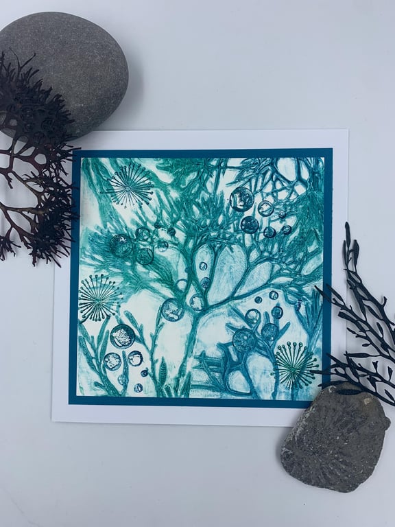 Original gelli print seaweed greetings card.
