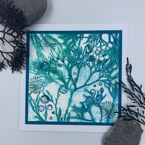 Original gelli print seaweed greetings card.