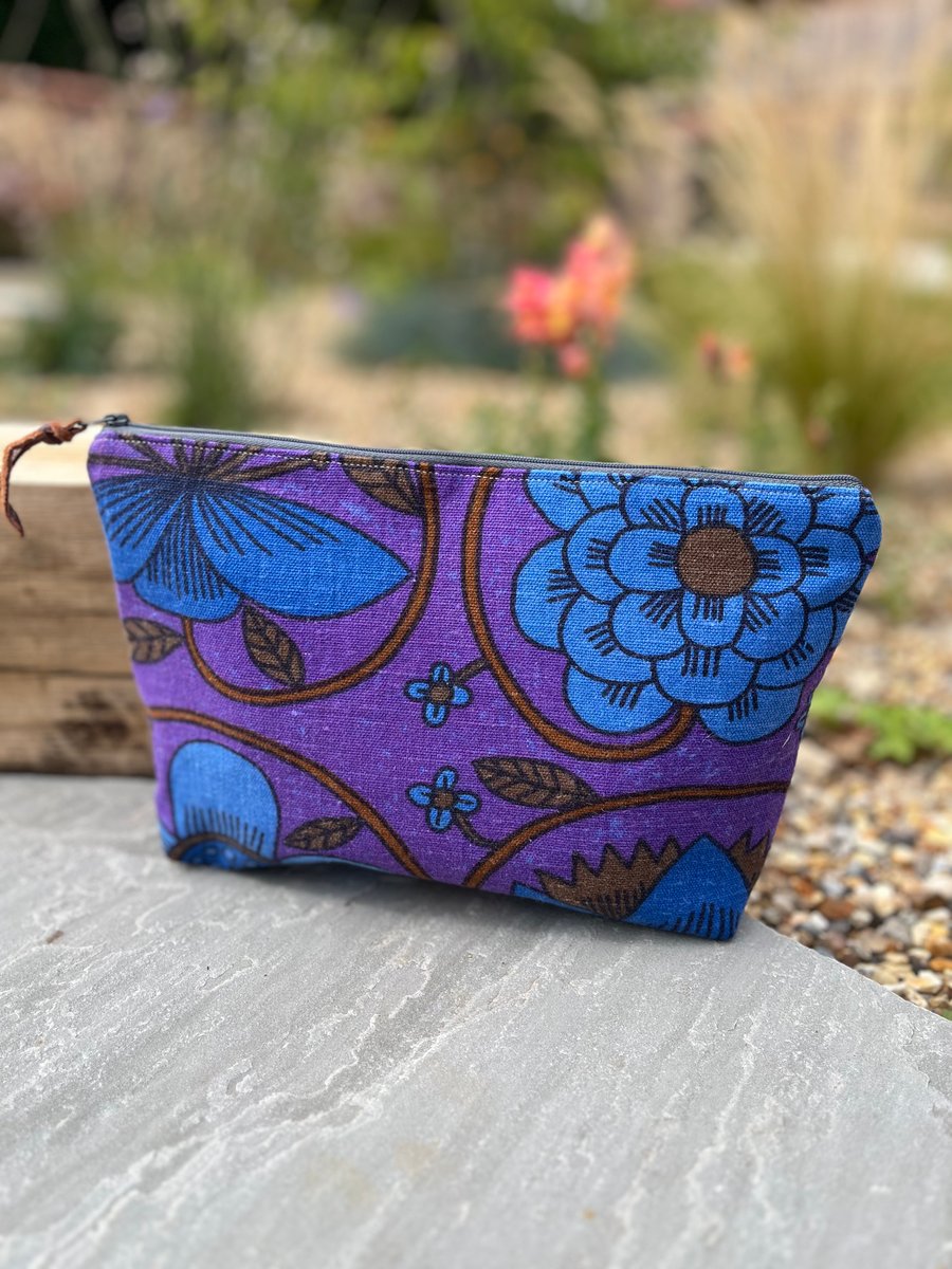 Vintage Purple Prince of Quince linen large zip pouch with floral cotton lining