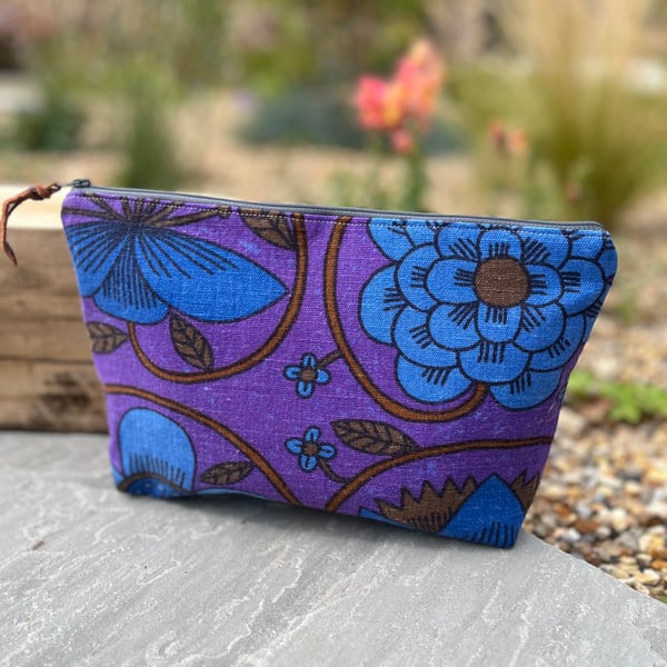 Vintage Purple Prince of Quince linen large zip pouch with floral cotton lining