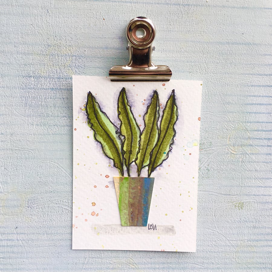 Original watercolour and collage ACEO miniature painting house plant 