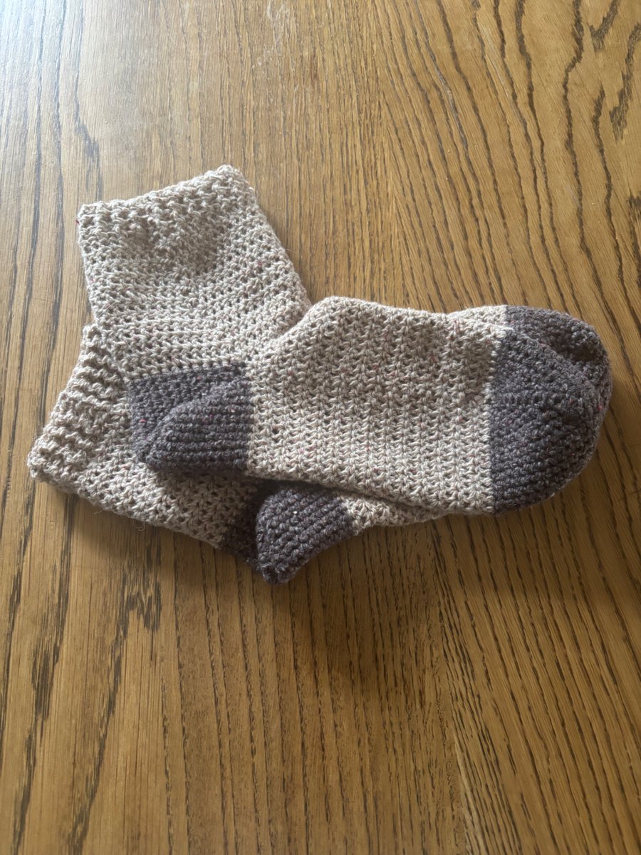 Pair of faun and grey crochet socks UK size 6-7 in recycled wool mix yarn