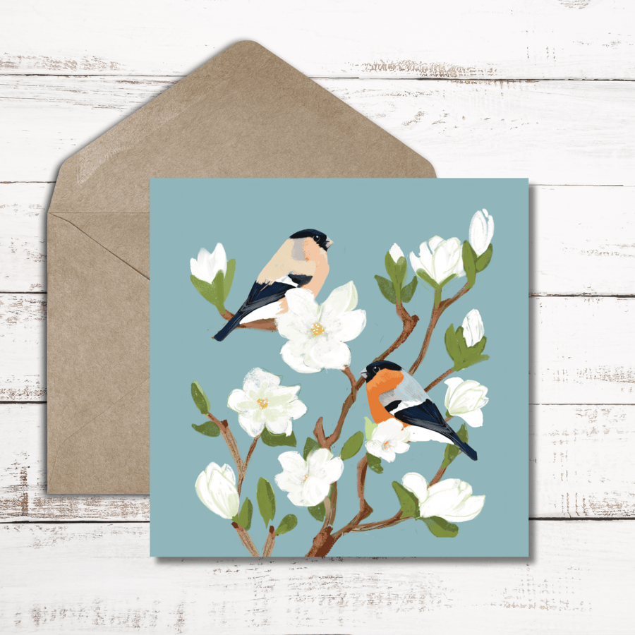 Blank card bird card bullfinch and magnolia