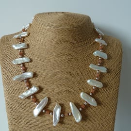 pearl necklace with sunstone gemstones, sterling silver