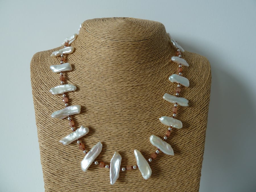 pearl necklace with sunstone gemstones, sterling silver