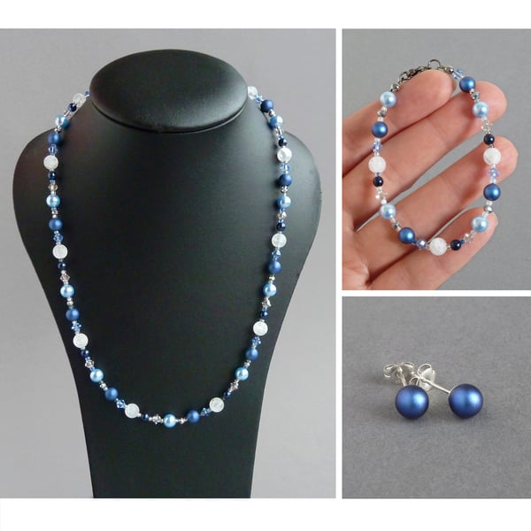Royal Blue Jewellery Set - Mid Blue Beaded Necklace, Bracelet and Earrings Sets