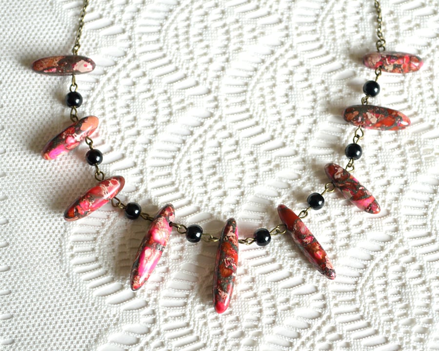 Fan Necklace with Pink Jasper Spikes