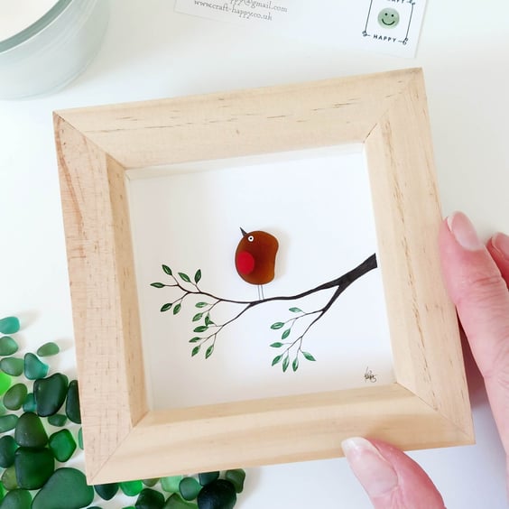 Sea Glass Robin Art - Framed Beach Glass Picture, Thank You, Sentimental Gift