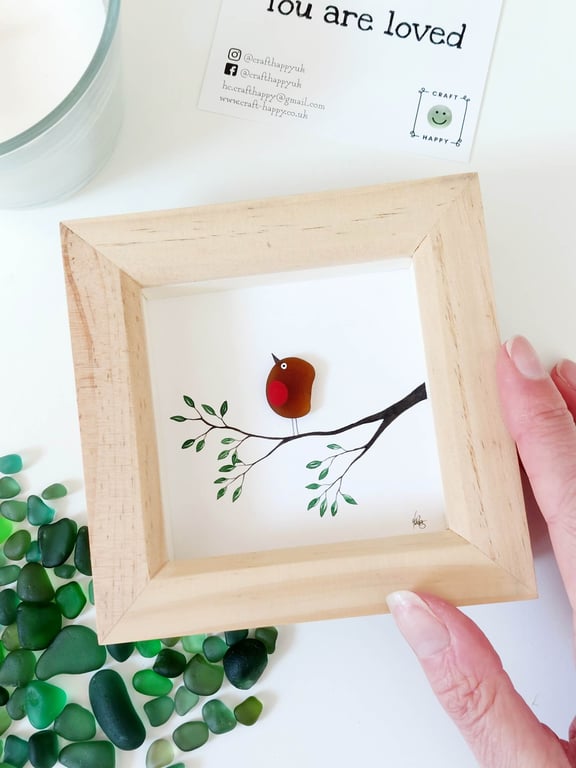 Sea Glass Robin Art - Framed Beach Glass Picture, Thank You, Sentimental Gift
