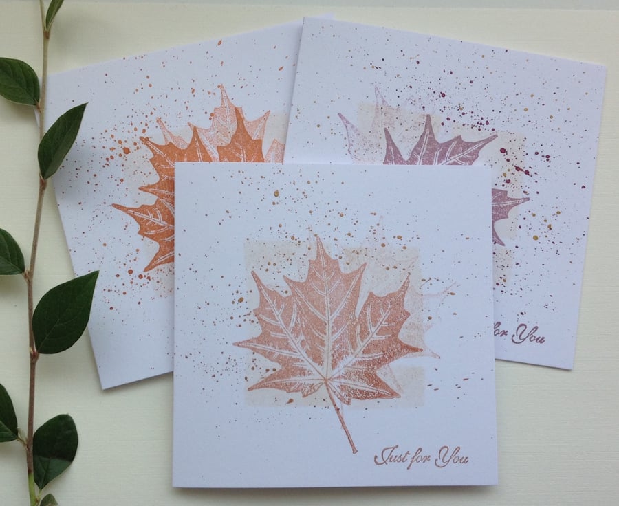 GREETINGS cards , notecards, (pack of 3 diff shades )  'Leaf Fall' . Maple.