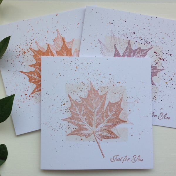 GREETINGS cards , notecards, (pack of 3 diff shades )  'Leaf Fall' . Maple.