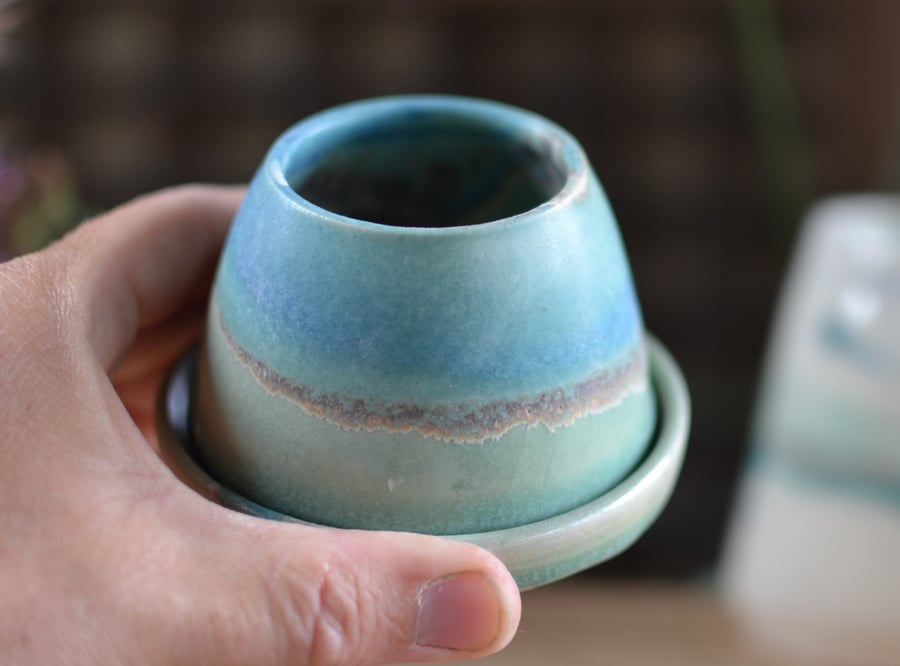Small Skyline plant pot and saucer - glazed in blues and greens
