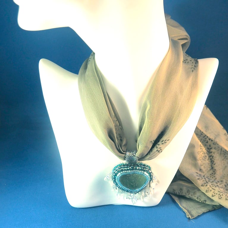 Blue-Green Sea Glass Heart Necklace on Vintage Scarf