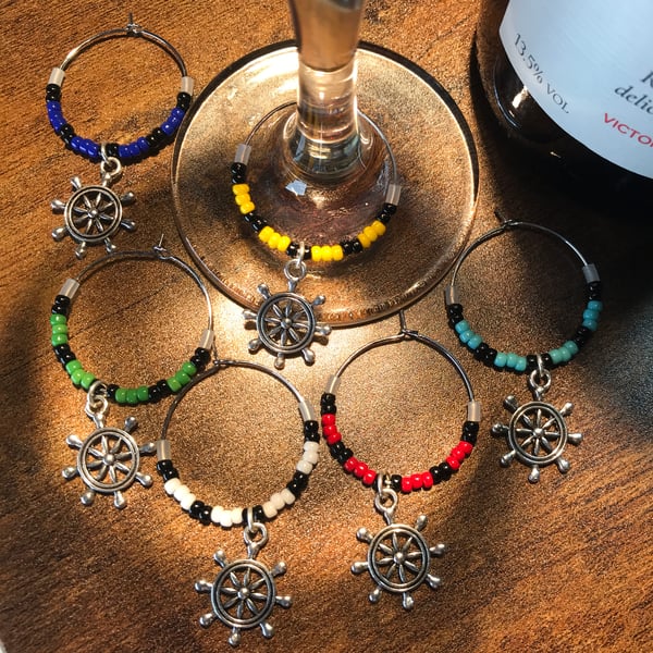 Set of Six Nautical Beaded Wine Glass Markers with Silver Ships Wheel Charms