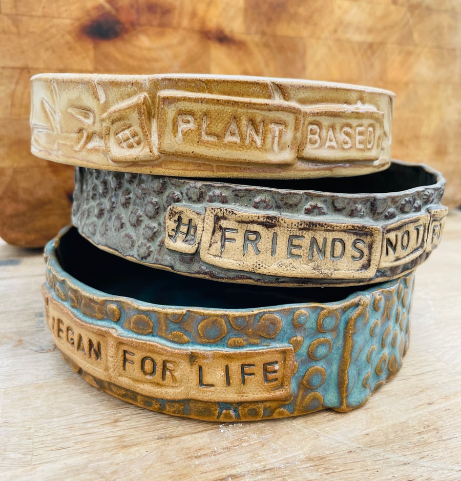 Handmade stoneware vegan slogan dishes