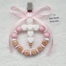 Personalised Pram Charm Wood & Silicone Cross  Pink White