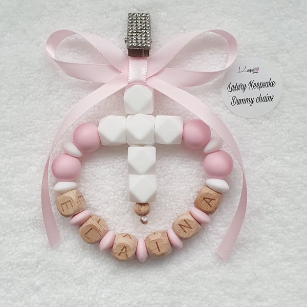 Personalised Pram Charm Wood & Silicone Cross  Pink White