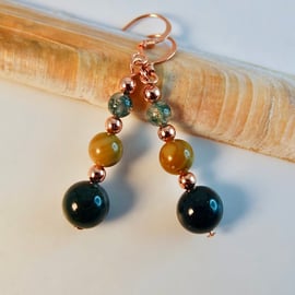 Moss Agate And Copper Earrings - Handmade In Devon