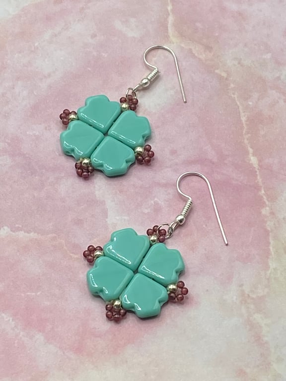 Turquoise dart bead square earrings with tiny garnet stones