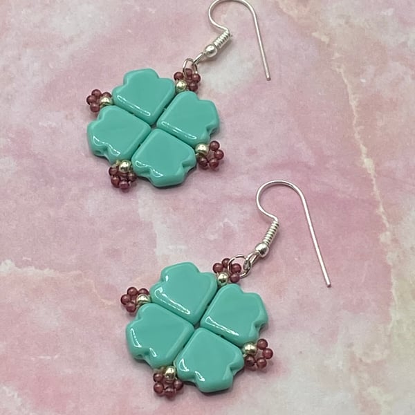 Turquoise dart bead square earrings with tiny garnet stones