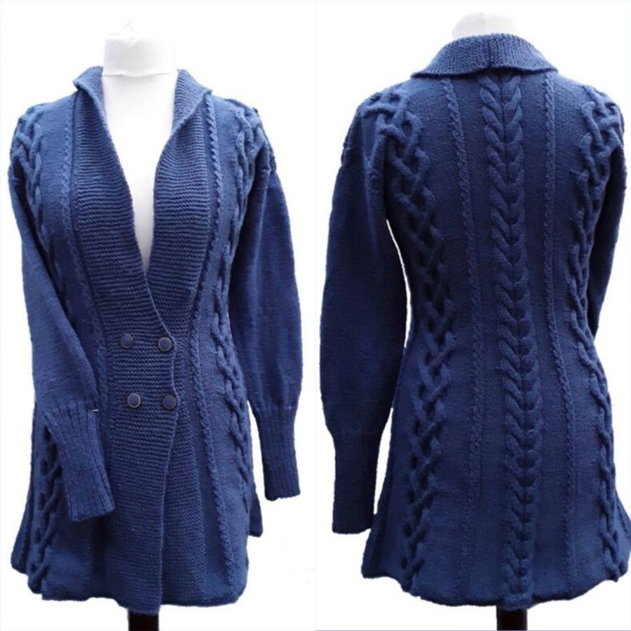 Hand-Knit Wool Cardigan, Women’s Cable Knit Jacket, Made to Order in 100% Wool