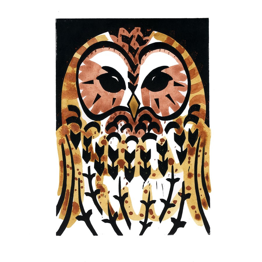 Tawny Owl coloured linocut 5 of 30